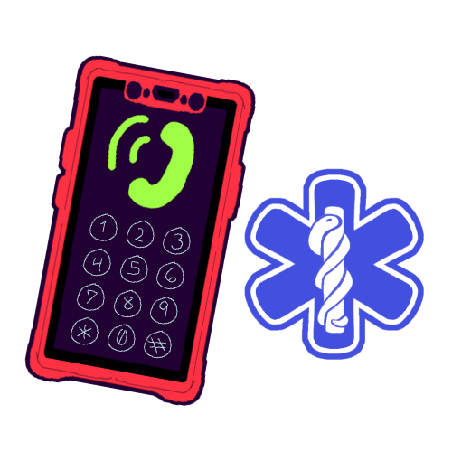  A drawing of a modern smartphone on the call screen next to the Star of Life symbol to represent medical emergencies, which is a blue asterisk (＊) with a white icon of a snake curled around a pole inside. The phone has a red case, a dark purple screen, and no face buttons. The screen displays a green icon of a landline phone with some waves coming off of it, and circular buttons with the numbers 1 through 9, and 0, as well as the star (＊) and pound (#) keys below. 